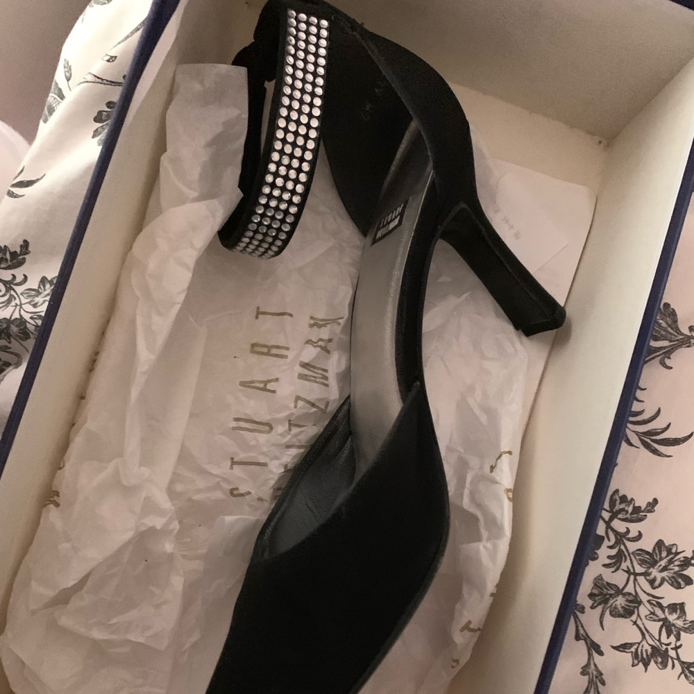 Vintage Stuart Weitzman Black Heels + bling rhinestone ankle strap. closed toe.